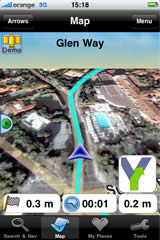 iPhone screen — ‘Bird view’ navigation over arieal photo